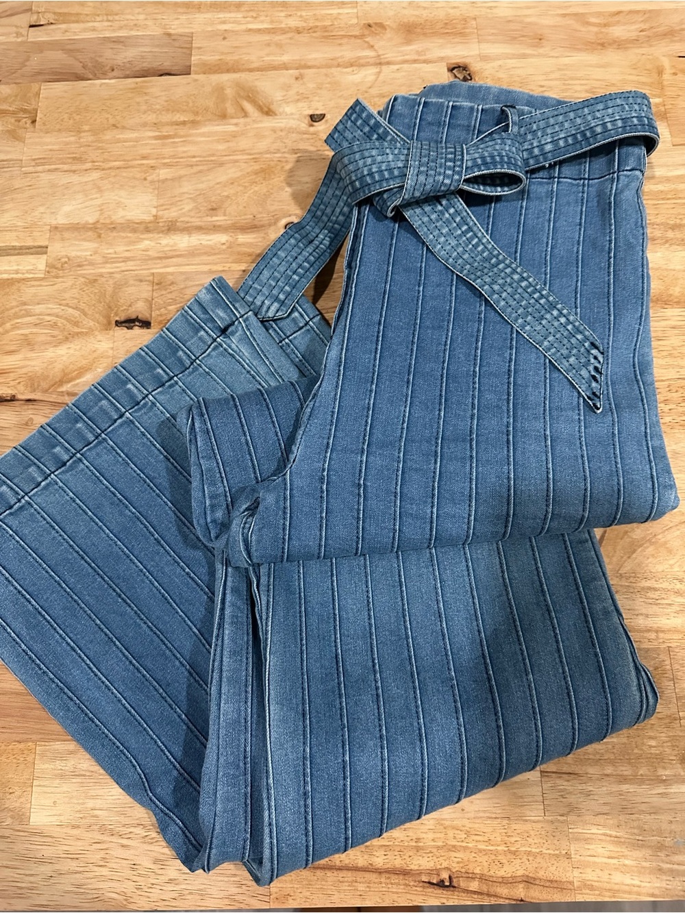 Cleobella Blue Pinstripe Wide-Leg Jeans with Self Tie